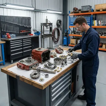 Technician rebuilding a hydrostatic pump to OEM specifications in a professional repair facility