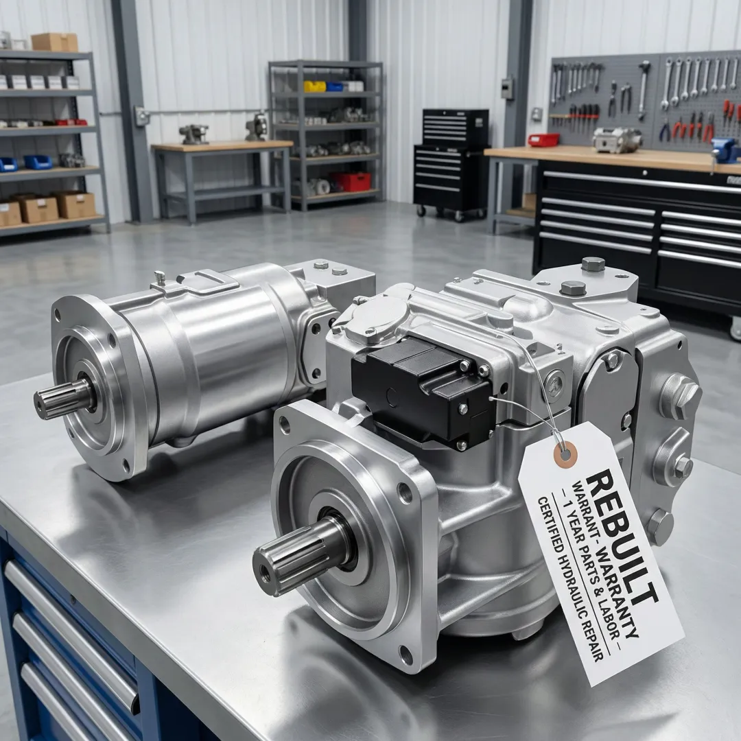 Rebuilt hydrostatic pump with warranty tag ready for return shipment