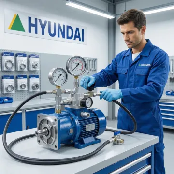 Hydraulic pump repair process showing technician testing and calibrating a pump
