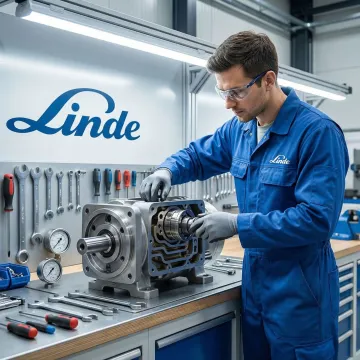 Technician repairing a Linde hydraulic pump in a professional workshop