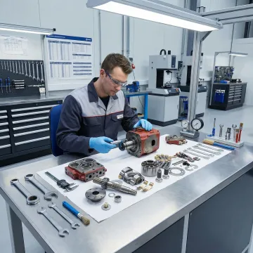 Technician reconditioning a hydrostatic pump in a professional repair facility