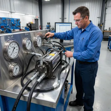 Technician testing a reconditioned hydrostatic pump on a diagnostic test bench