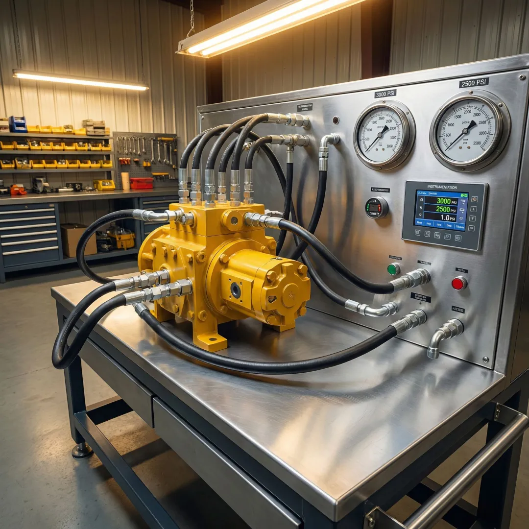 Hydraulic pump being tested on a bench after rebuild