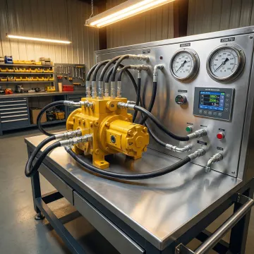 Hydraulic pump being tested on a bench after rebuild