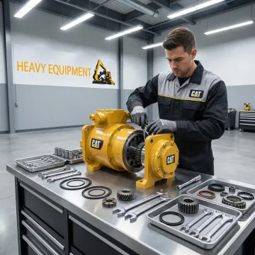 Caterpillar hydraulic pump being rebuilt by a technician in a Pennsylvania repair shop