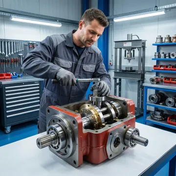 Technician repairing a heavy equipment hydraulic pump in a professional repair facility