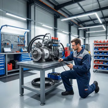 Technician repairing forklift hydraulic pump in a workshop