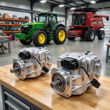 Rebuilt hydrostatic pump components for agricultural equipment laid out on a workshop bench