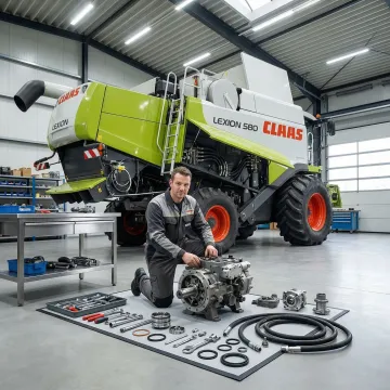 Technician repairing a hydrostatic pump on a large agricultural combine harvester in a workshop