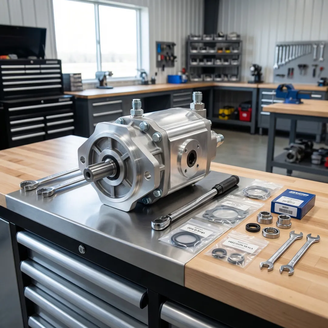 Rebuilt hydraulic sprayer pump ready for reinstallation on agricultural spraying equipment