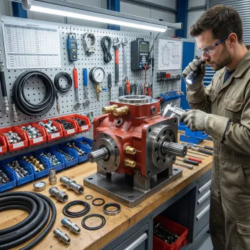 Technician repairing a hydrostatic pump motor in a workshop