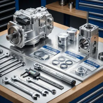 Hydraulic pump and cylinder components laid out for repair and inspection