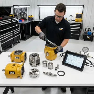 Professional technician remanufacturing Caterpillar hydraulic pump in modern repair facility