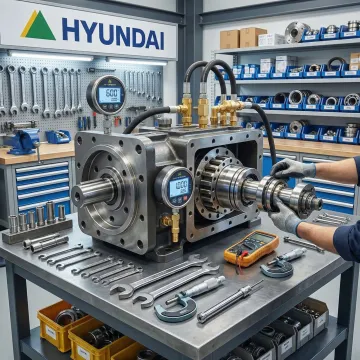 Industrial hydraulic pump repair technician working on heavy equipment pump in Austin facility