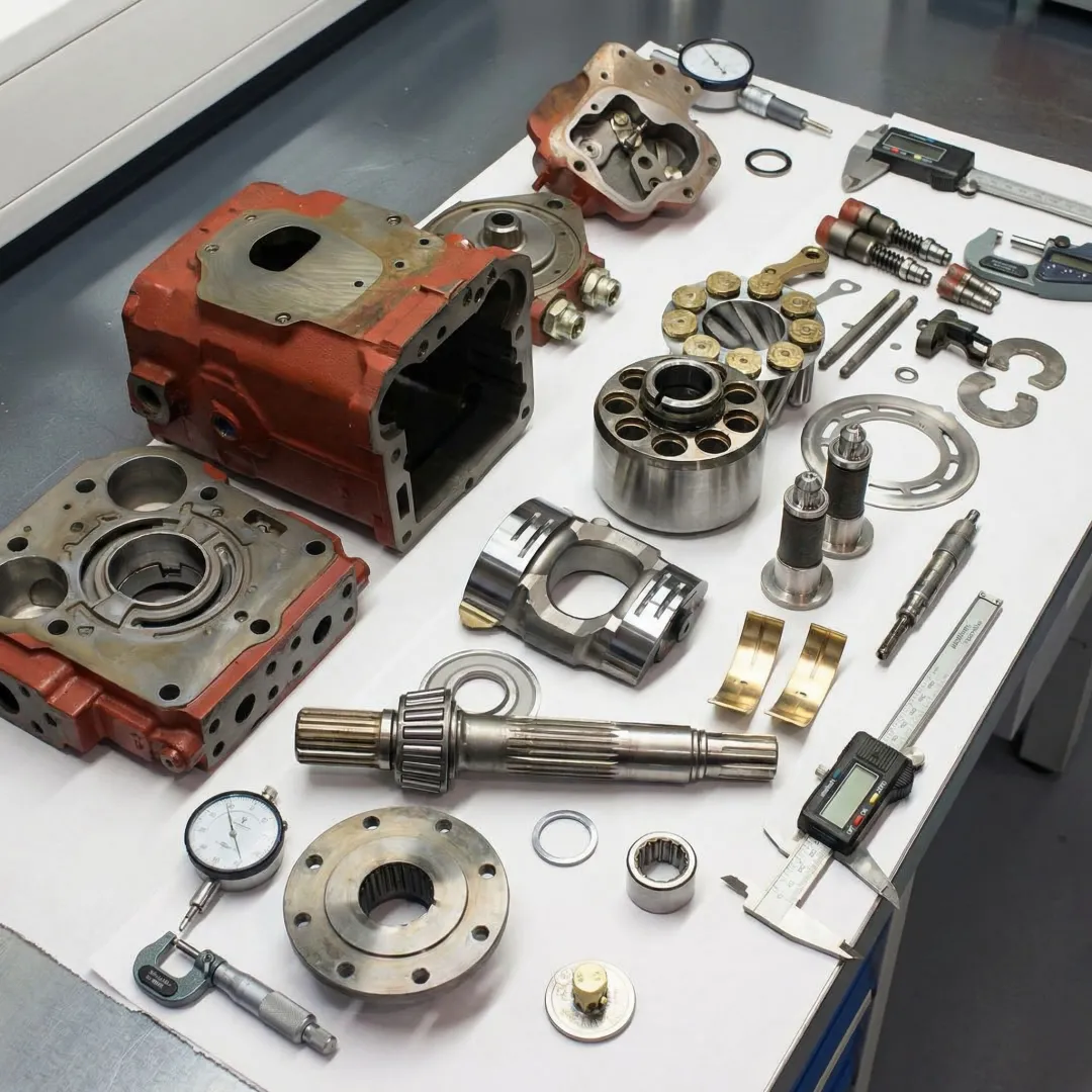 Hydraulic pump components and precision measuring tools on industrial workbench