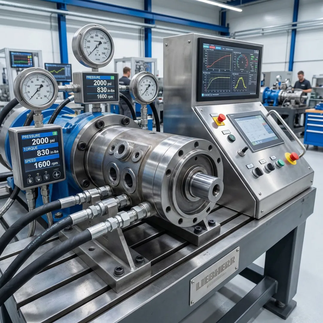 Liebherr excavator hydraulic motor being tested on calibration equipment