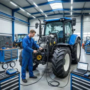 Agricultural equipment hydraulic repair technician working on tractor transmission system