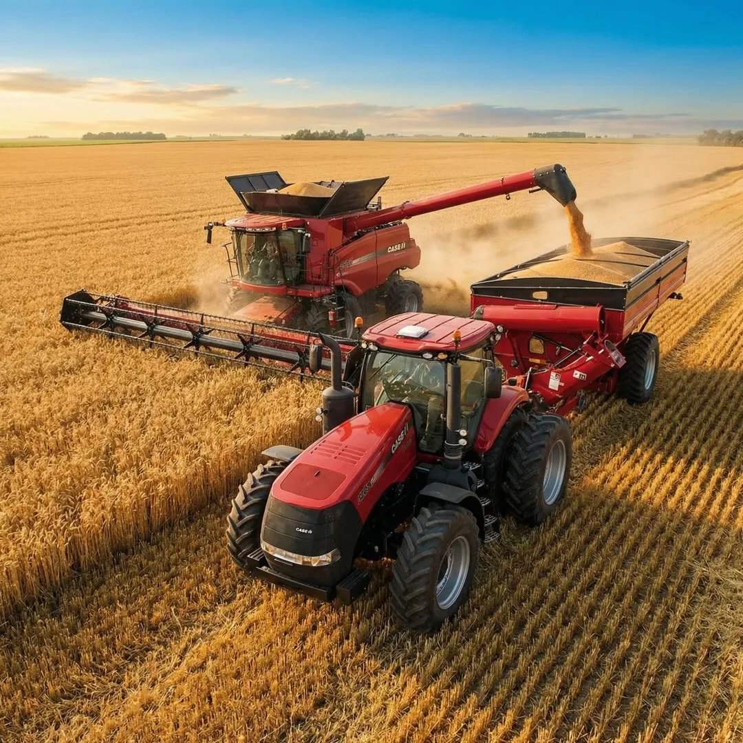 Modern combine harvester operating in grain field during harvest season