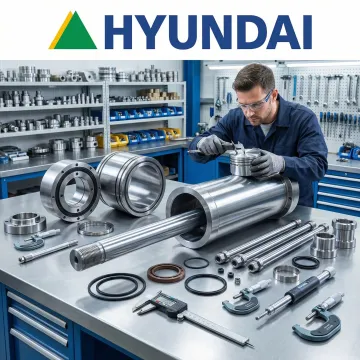 Industrial hydraulic cylinder repair technician inspecting large cylinder components