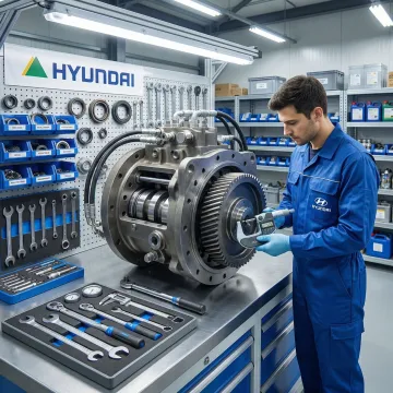 Professional technician repairing industrial hydraulic motor in modern repair facility