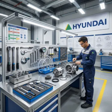 Professional technician repairing industrial hydraulic pump in modern workshop