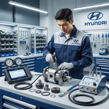 Technician repairing hydraulic pump in Idaho workshop