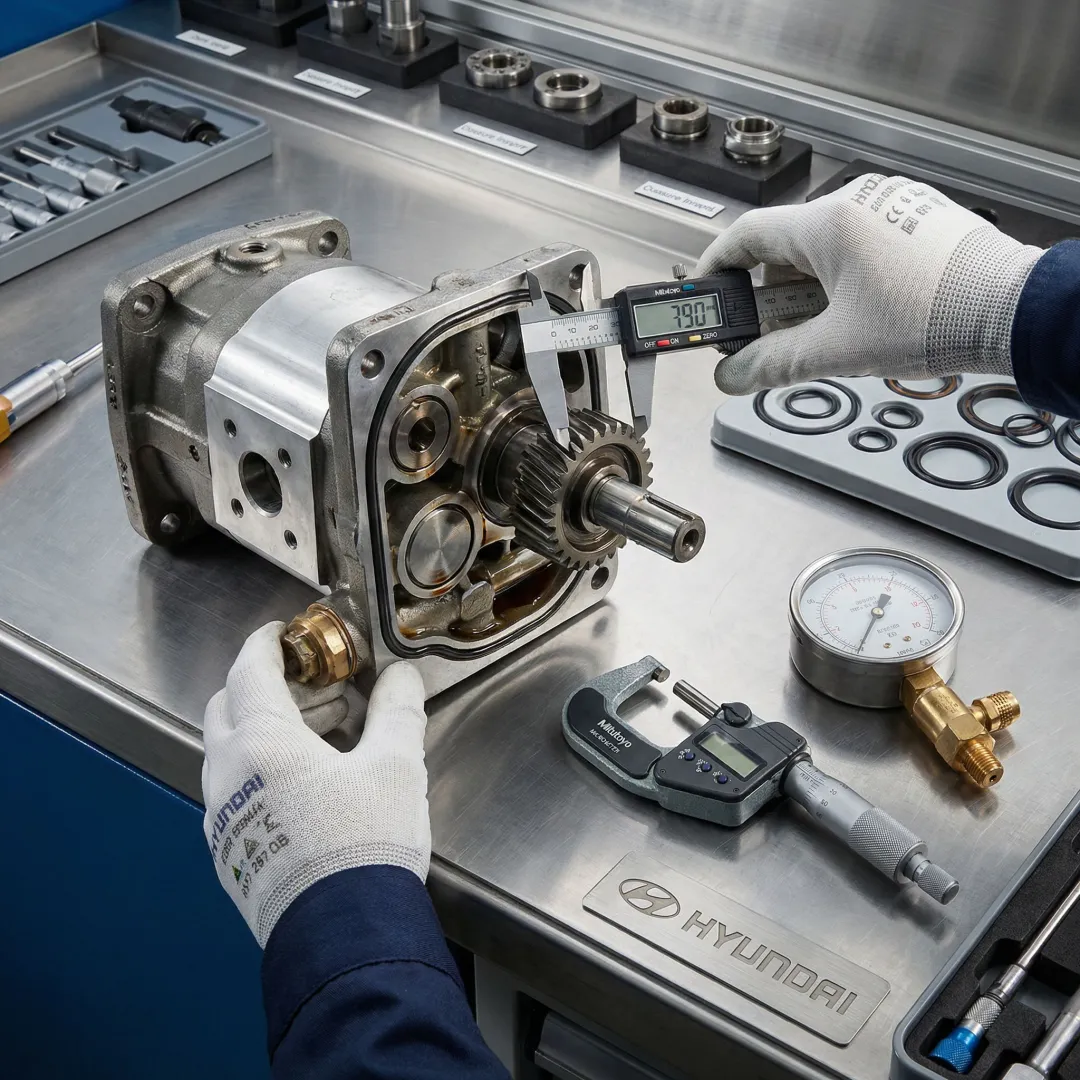 Hydraulic pump components being inspected and tested