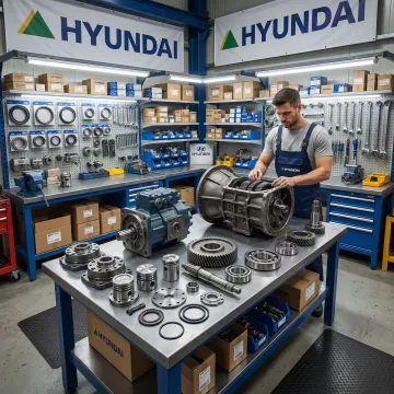 Heavy equipment powertrain components being rebuilt in professional workshop