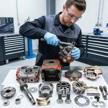Industrial technician rebuilding precision engineered hydraulic pump