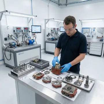 Technician rebuilding hydrostatic motor in specialized repair facility