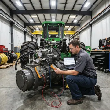 Emergency hydrostatic motor repair technician performing diagnostic testing