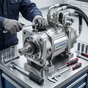 Industrial hydraulic pump being repaired by certified technician in Knoxville facility