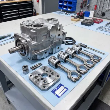 Hydraulic motor components disassembled for precision rebuild