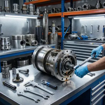 Professional technician repairing hydraulic motor in industrial workshop