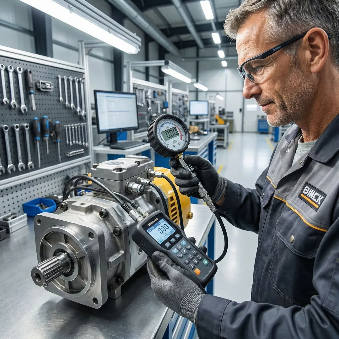 Technician performing detailed diagnostic service on fleet equipment hydraulic system