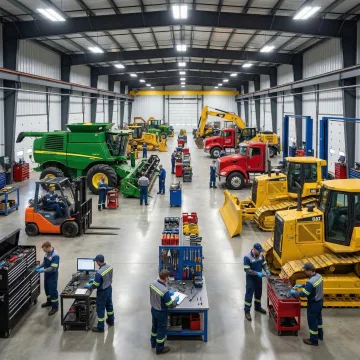 Fleet of heavy equipment and commercial vehicles undergoing professional maintenance