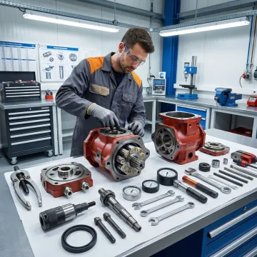 Technician rebuilding a Poclain radial piston hydraulic motor in a professional repair facility
