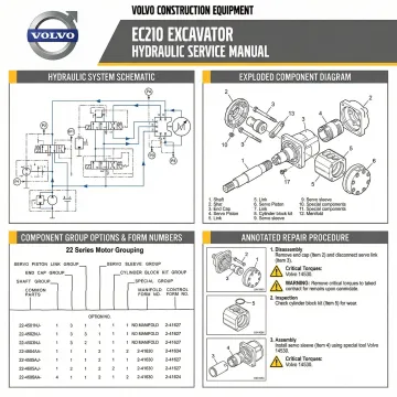 Volvo EC210 excavator hydraulic system repair manual open to technical diagrams