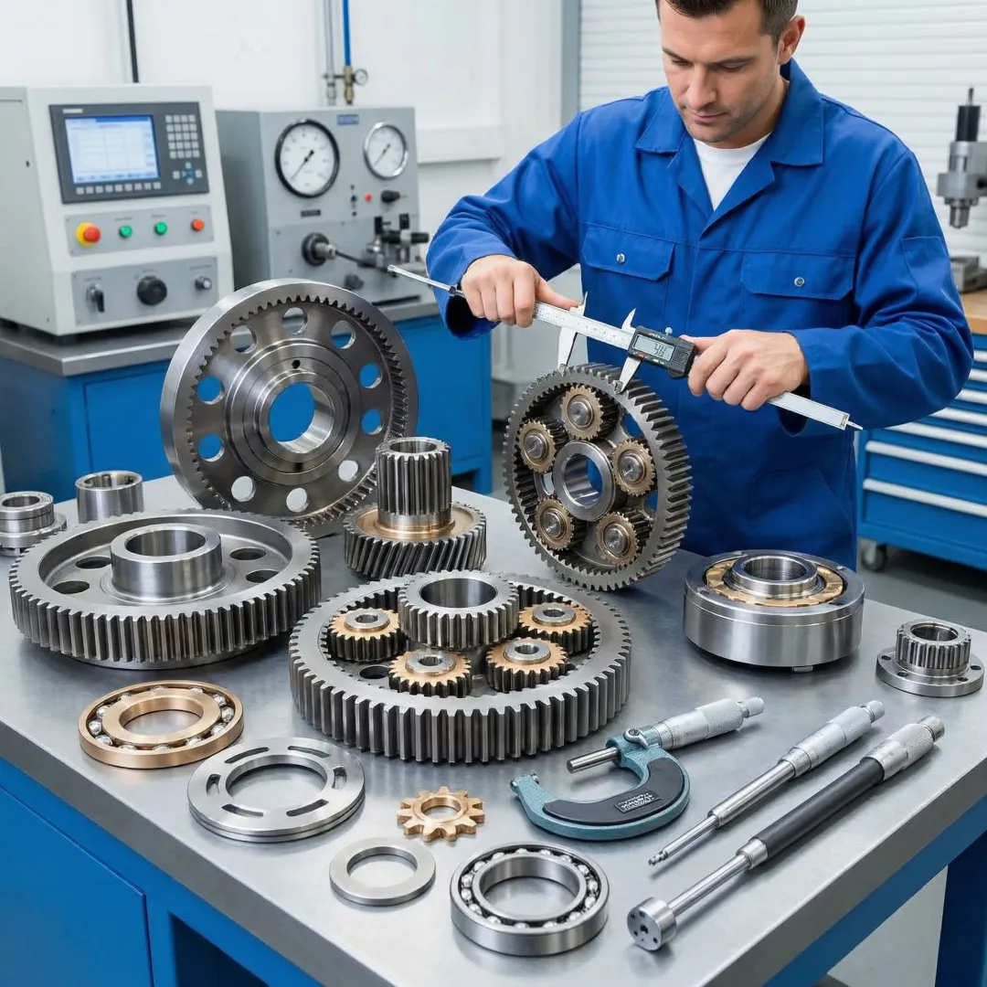 Technician inspecting compound planetary gear assembly