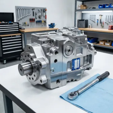 Hydrostatic transmission components laid out during professional remanufacturing process