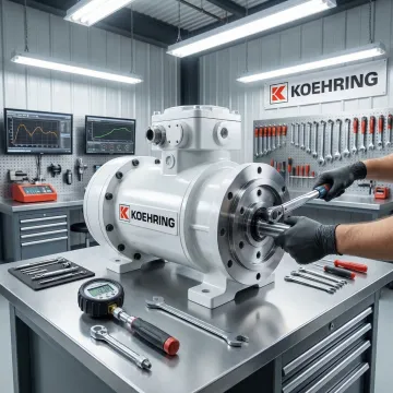 Industrial hydraulic motor being serviced by a technician in a professional repair facility