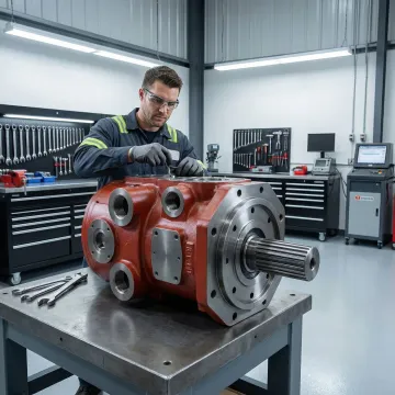 Industrial motor repair technician servicing hydrostatic motor