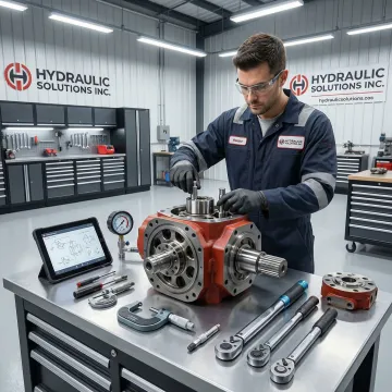 Heavy equipment hydraulic motor being repaired by technician