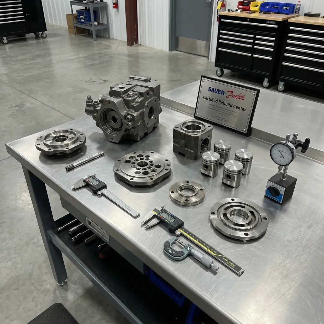 Disassembled Sauer Danfoss hydraulic pump components on workshop bench