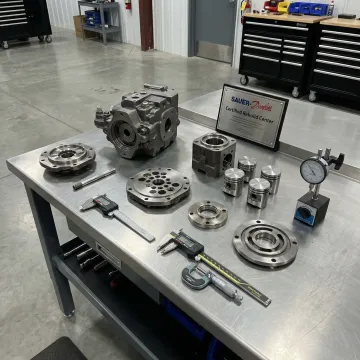 Disassembled Sauer Danfoss hydraulic pump components on workshop bench