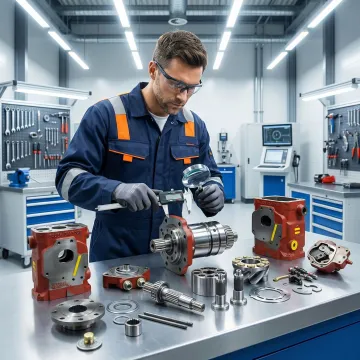 Sauer Danfoss hydraulic pump and motor components being serviced by technician