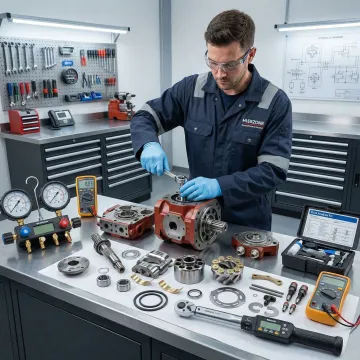 Professional technician repairing hydraulic pump in modern service facility