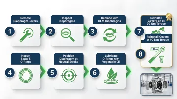 8-step HARDI diaphragm replacement procedure process flow infographic