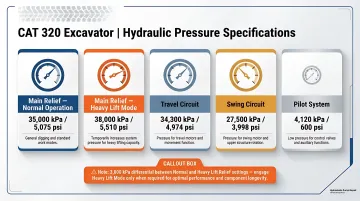 CAT 320 hydraulic pressure specs comparison chart for all circuits