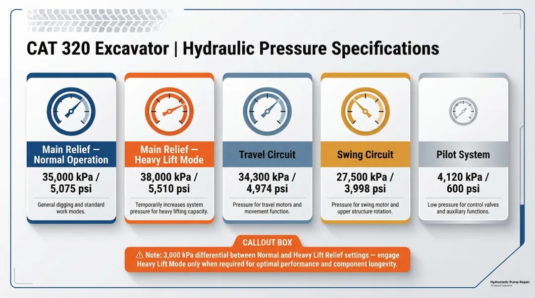 CAT 320 Hydraulic Pump Adjustment Specs & Pressure Guide